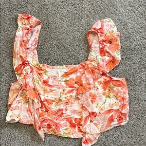 H&M Coral Floral Blouse with Ruffle Sleeves